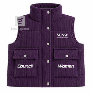 Gilet matelassé personnalisé du Conseil NCNW avec logo brodé sur le devant, veste sans manches de couleur violette et blanche pour femme - Product Image 1