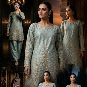 Conjunto de Kurta y Palazzo de Seda Chinon Premium para Mujer con Bordado y Lentejuelas |   Traje festivo completamente cosido - Product Image 4