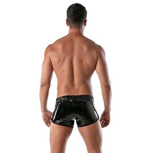 Shorts sexy pour homme en similicuir noir, style fetish, coupe ajustée, pour clubwear et soirée, avec taille élastique et dentelle, imperméable - Product Image 5