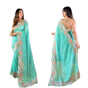 Sari Evergreen Georgate Pur de Haute Qualité, 5 mètres, avec Broderie de Sequins Intégrale, Magnifique Bordure Contrastante, Blouse en Soie Banglori pour Soirée - Product Image 1