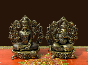 Ensemble de statues artisanales en laiton de Lakshmi et Ganesh, idole de dieu hindou, décoration religieuse pour la maison - Product Image 1