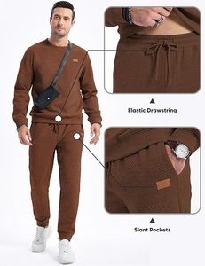 Ensemble de survêtement pour homme à motif géométrique marron, sweat-shirt décontracté à col rond et manches longues, et pantalon à cordon de serrage, vêtements d'automne - Product Image 5
