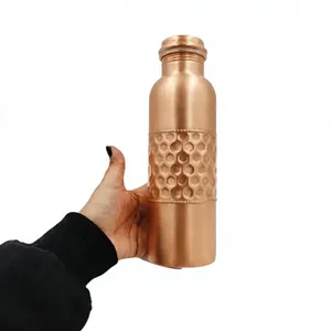 Pure Copper Water <b>Bottle</b> With Honeycomb Textured Embossed Grip Band Handcrafted Natural Copper Water <b>Flask</b> - Product Image 1