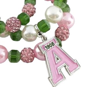 Beaded Bling A Charm Bracelet <b>Set</b> of 3 Green Pink Color Fashion Jewelry Gift Accessory Elegant Bead Bracelet Collection Women - Product Image 5