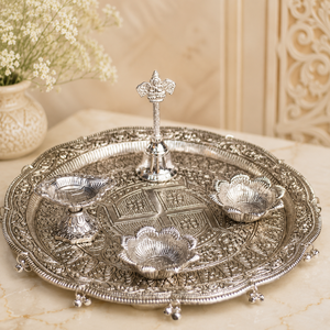 Traditional Silver Polished Embossed <b>Pooja</b> Thali Set with Aarti Deepak Bell for Home <b>Mandir</b> Diwali Handmade Festive Decor - Product Image 2