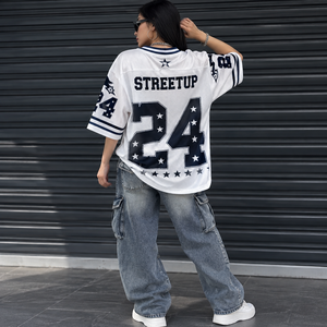 เสื้อยืดคอกลมสตรีทแวร์แบบยูนิเซ็กซ์สุดเทรนดี้  ตกแต่งด้วยลายกราฟิกและตัวเลขแบบกำหนดเอง  ประดับด้วยคริสตัล  เสื้อเจอร์ซีย์อเมริกันฟุตบอล - Product Image 2