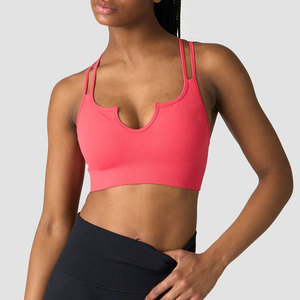 Haut de sport tricoté extensible pour femme, dos croisé à bretelles, col en V profond, en matériau côtelé personnalisé, avec coussinets amovibles, très vendu - Product Image 3