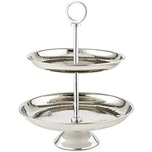 Élégant support à gâteau rond à 2 niveaux en acier inoxydable, plateau de service moderne en métal argenté, présentoir à desserts et pâtisseries pour les fêtes - Product Image 3