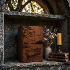 Wooden <b>Memorial</b> Urn Engraved Cremation <b>Keepsake</b> <b>Box</b> Boat Lake Landscape Funeral Tribute Decor - Product Image 6