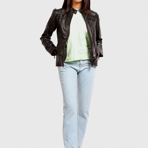 Chaqueta de Motociclista de Cuero Genuino Marrón para Mujer, Manga Larga, Cuello Camisero, Cierre de Cremallera, Estilo Otoñal - Product Image 1