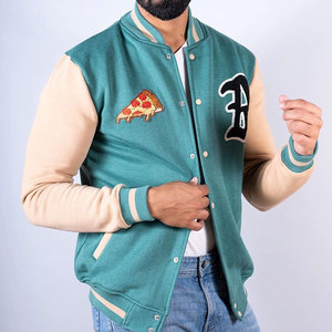 Men's Teal Varsity <b>Jacket</b> With Pizza <b>Patch</b> Embroidery Casual Autumn Wear Regular Fit Turn-down Collar Cotton Polyester Blend - Product Image 2