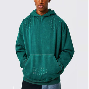 Sweat-shirt à capuche oversize pour homme, vert uni, en molleton de coton délavé, avec poches, style décontracté et effet vieilli - Product Image 2
