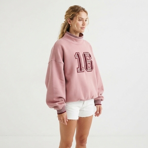 <b>Pink</b> Oversized Turtleneck Sweatshirt With Number 16 Front Print Plaid Cuffs Women's Autumn Casual <b>Long</b> <b>Sleeve</b> Fleece <b>Top</b> - Product Image 1