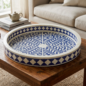 Large Handcrafted Wood Inlay Modern Abstract Pattern Wedding Round Decorative Tray with Integrated Handles - Product Image 6