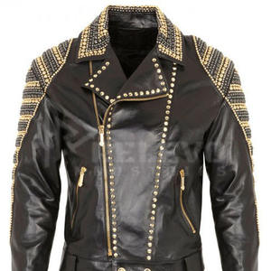 Nueva Chaqueta de Cuero Vacuno para Hombre, Elegante, Negra con Tachuelas Doradas y Plateadas, Cuello Alto, Acolchada, Estilo Urbano, Todas las Tallas - Product Image 4