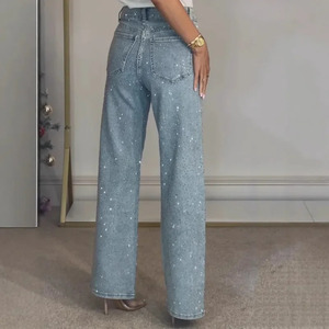 Pantalon en jean extensible pour femme, coupe droite, taille haute, 100 % coton, respirant, écologique, style streetwear, jambe large, léger - Product Image 4