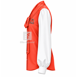 Chemise en satin Delta Sigma Theta Sorority avec col à nœud et logo brodé, manches bouffantes, rouge et blanc, chemise tendance pour femme - Product Image 4