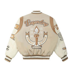 Men's Beige Varsity <b>Jacket</b> Embroidered Letter R <b>Stars</b> Regular Fit Stand Collar Button Closure Eco-Friendly Windproof HIGH STREET - Product Image 6