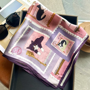 Foulard carré 100 % soie de mûrier pour femme, imprimé animaux de dessin animé, durable, doux pour la peau, bandeau tendance - Product Image 2