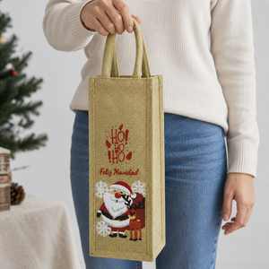Sac cadeau en jute naturel PP avec lurex doré pour bouteille de vin, 12x33x12 cm, multicolore, impression Feliz Navidad, logo personnalisé, vente en gros pour usage commercial - Product Image 6