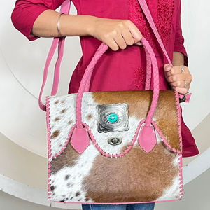 Bolso Tote de Cuero Genuino Hecho a Mano con Pelo de Vaca, Nuevo Bolso Casual de Cuero Genuino con Concho Turquesa para Mujer - Product Image 4