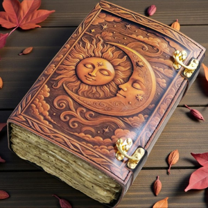 Cuaderno Grimoire de Cuero Hecho a Mano con Diseño de Sol y Luna, Libro de Sombras Celestial, Diario Ocultista Vintage, Cuaderno Grueso, Hecho a Mano en Rajasthan Al-Amir - Product Image 3
