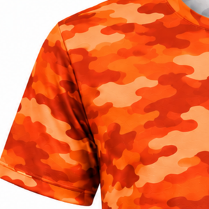 T-shirt camouflage orange pour homme, manches courtes, col rond, imprimé camouflage, vêtements de sport, entraînement, fitness, gym, performance athlétique - Product Image 3