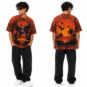 Camiseta de manga corta extragrande para hombre con estampado de puesta de sol de pájaros y palmeras, cuello redondo, informal, de algodón, para verano, con lavado ácido. - Product Image 6