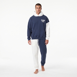 Ensemble décontracté pour homme personnalisé en molleton 100% coton, deux tons, avec sweat à capuche oversize à épaules tombantes et pantalon de jogging, à blocs de couleur contrastants - Product Image 4