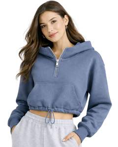 Sudadera con capucha corta de forro polar azul polvoriento con cremallera de un cuarto, bolsillo canguro, dobladillo con cordón ajustable, estilo casual urbano, cálida, para mujer - Product Image 1