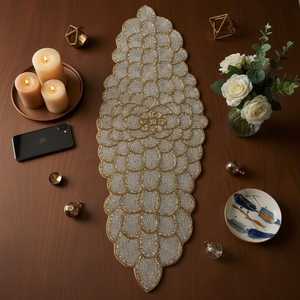 Handmade Beaded Polyester/Cotton Stripe <b>Table</b> <b>Runner</b> Gold White & Silver Glam Decor for Home & Hotel Use MOHD BAHID - Product Image 1