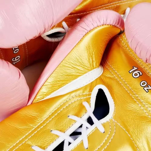 Wholesale Pink Cowhide Leather Boxing <b>Gloves</b> Gold Lace-up Full Finger Design Lightweight Unisex Use Custom Logo Training Gear - Product Image 5