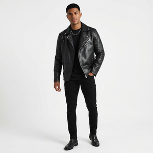 Stylish Men's <b>Retro</b> Cow Skin <b>Leather</b> <b>Jacket</b> British Style Stand Collar Zipper Moto Biker Coat All-Match Outwear for Men - Product Image 6