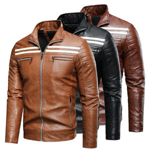 Veste décontractée pour homme en cuir véritable épais, col montant, fermeture éclair, style urbain, pour l'extérieur, veste en cuir noir pour homme - Product Image 1
