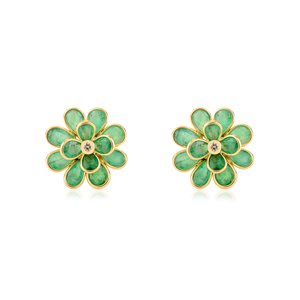Boucles d'oreilles en forme de fleur éclose en émeraude et diamant 100% naturels, pierres précieuses, pour femme, en or jaune véritable 18 carats - Product Image 1