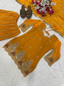 Élégant ensemble Anarkali brodé couleur moutarde pour femme avec dupatta, tenue traditionnelle indienne et pakistanaise pour mariage, longueur ras du sol - Product Image 4