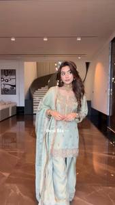 Mint Green Indian Pakistani Wedding Set <b>Women</b> Mid Length <b>Kurta</b> Palazzo Dupatta Loose Fit Embroidered Ethnic Outfit - Product Image 4