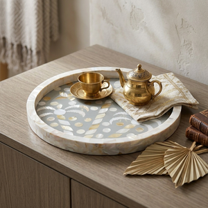 Handmade Mother of Pearl Shell Tray Round Decorative Serving Tray with Grey Resin Base Luxury <b>MOP</b> Inlay Tray for Home Decor - Product Image 1