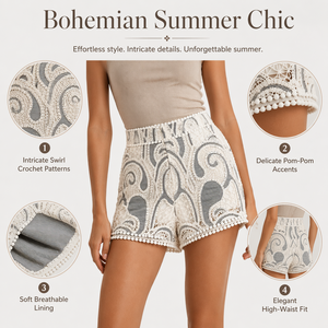 Shorts en dentelle taille haute pour femme, motif géométrique bohème brodé, en coton respirant, taille élastique, jupes courtes - Product Image 4