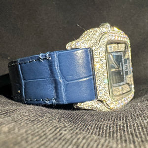 Montre Premium en Moissanite VVS, Diamants Sertis, Bracelet en Cuir Bleu, Style Hip Hop Bling, Montre à Quartz pour Homme, Stock USA et UK, Achat en Gros - Product Image 1