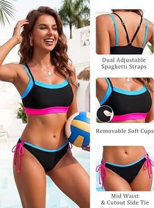 Women's Two Piece <b>Bikini</b> <b>Set</b> Black With <b>Blue</b> And Pink Contrast Binding Push Up Top Tie Side Bottom Swimwear - Product Image 4