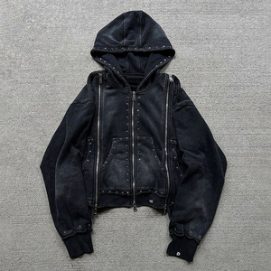 Men's Black Hooded Sweatshirt <b>Set</b> French Terry Street Style Autumn Wear 100% Cotton Full Zip Joggers - Product Image 6