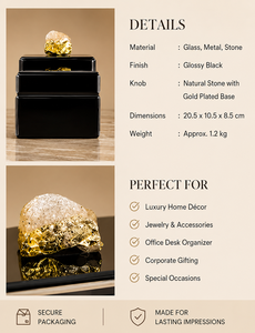 <b>Black</b> Glass Jewelry Storage Box with Gold Plated Natural Stone Knob Glossy Finish Decorative Keepsake and Vanity Organizer - Product Image 5