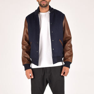 Veste universitaire en laine marine et cuir marron pour homme, style bomber classique, avec ourlet côtelé, poignets et fermeture à boutons-pression. - Product Image 2