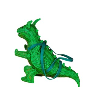 Green Rattan Dinosaur Shape Storage Basket With Teal Strap Animal Pattern Handmade <b>Wicker</b> <b>Bag</b> Portable - Product Image 2