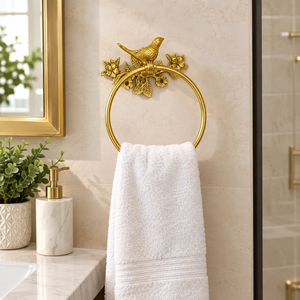 Porte-serviette décoratif en laiton avec motif floral et oiseau, avec plaque de fond botanique, pour salles de bain vintage de luxe et salles d'eau pour invités - Product Image 3