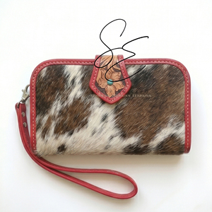Western Tooled Leather Clutch Red Wallet Handmade Cowhide Cowgirl Purse Floral Engraved Evening Hair On Hide <b>Wristlet</b> Bag - Product Image 1