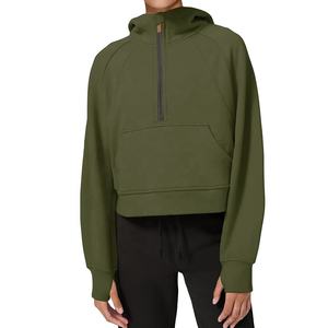 Sweat-shirt court à capuche pour femmes, pull-over molletonné, col, manches longues, avec trou de pouce, - Product Image 1