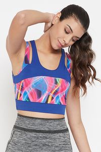 Sujetador deportivo tipo racerback para mujer con estampado abstracto colorido, soporte medio, transpirable, ropa deportiva, cuello redondo - Product Image 4