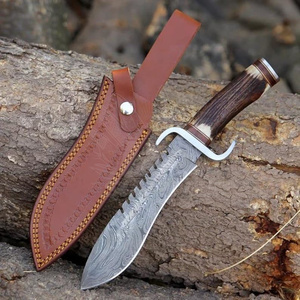 Cuchillo de caza de acero de Damasco OEM/ODM personalizable de gran venta con hoja dentada de punta caída y mango de cuerno de ciervo y latón - Product Image 1